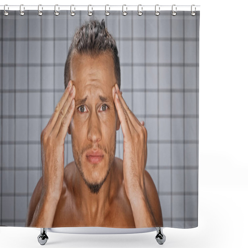 Personality  Bearded Man Looking At Camera And Touching Wrinkles In Bathroom  Shower Curtains