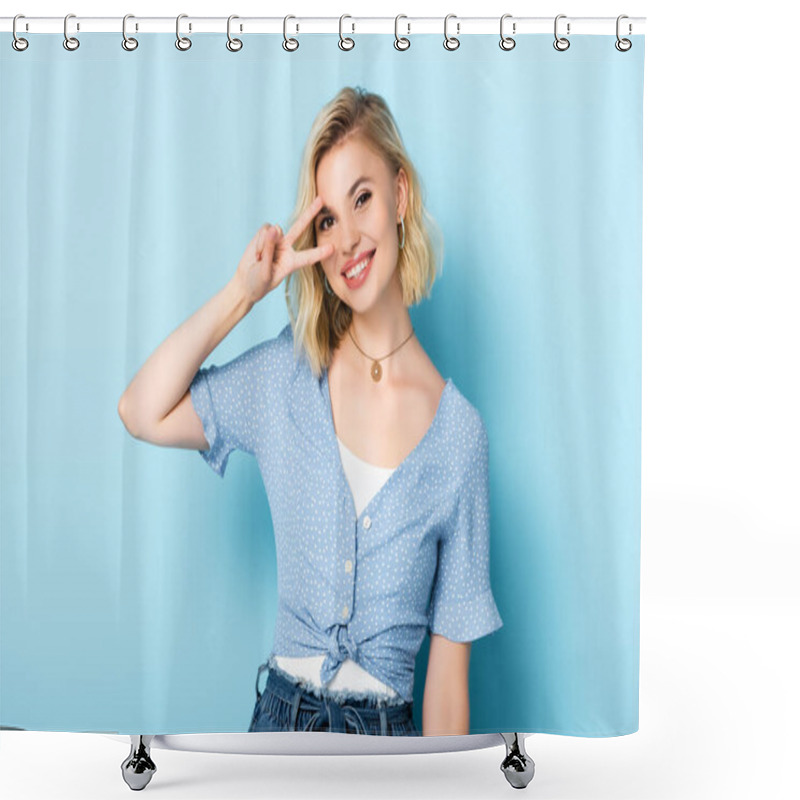 Personality  Young Woman Looking At Camera And Showing Victory Sign On Blue  Shower Curtains