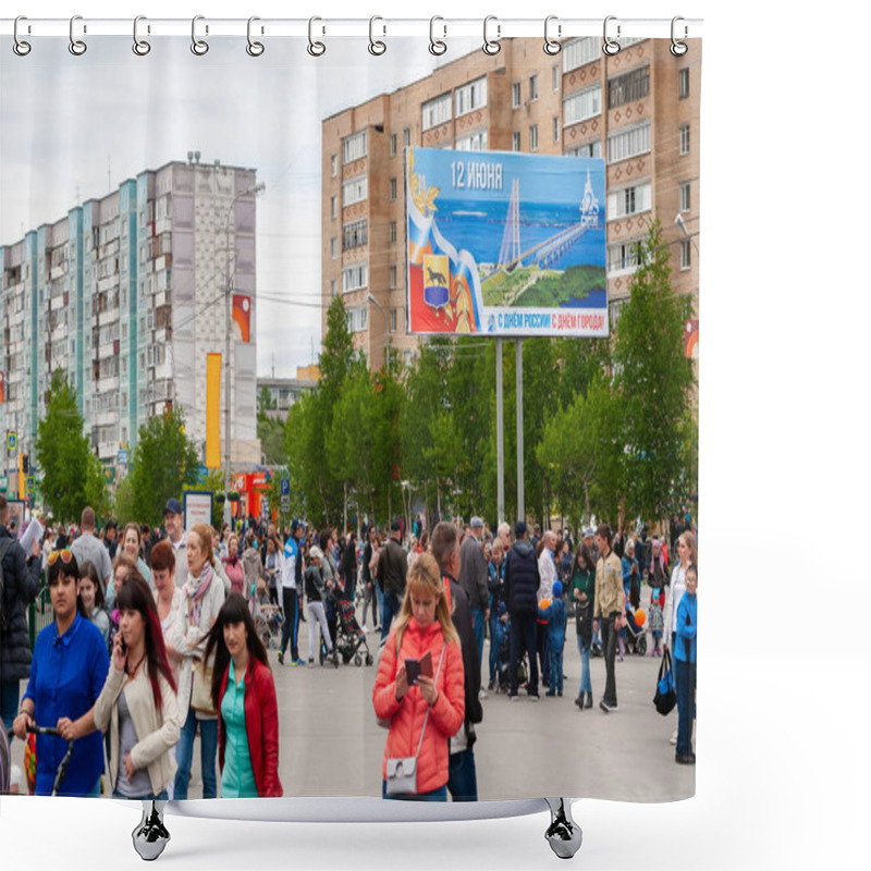 Personality  Citizens On The Day Of Russia, In Front Of A Poster Dedicated To The Day Of Russia - June 12. Shower Curtains