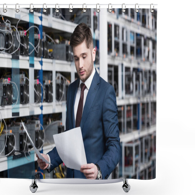 Personality  Handsome Young Businessman Reading Business Documents At Cryptocurrency Mining Farm Shower Curtains