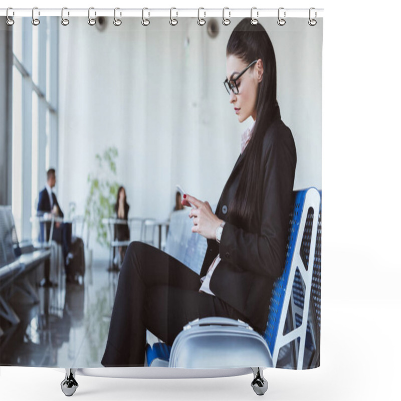 Personality  Young Businesswoman Using Smartphone At Departure Lounge In Airport Shower Curtains