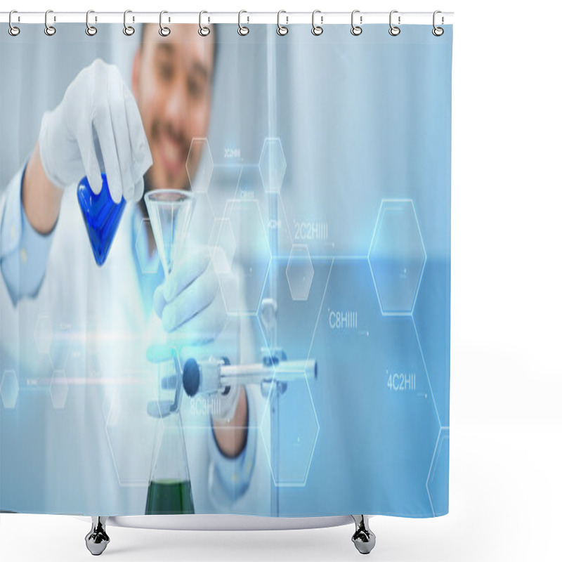 Personality  Close Up Of Scientist With Test Tubes And Funnel Shower Curtains