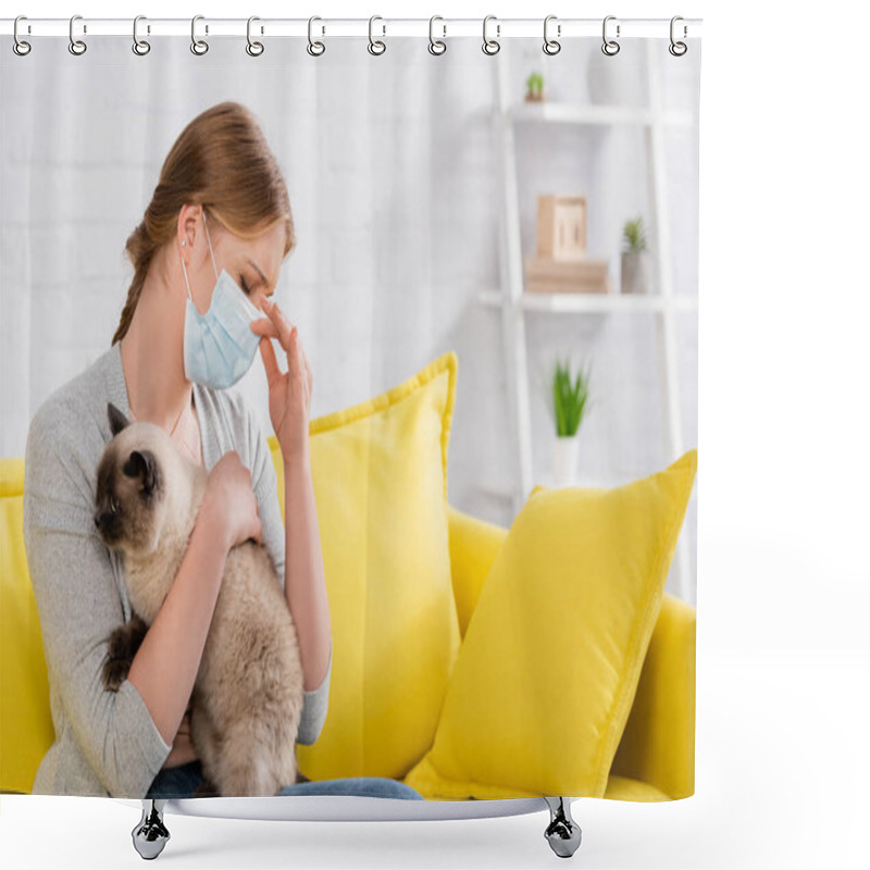 Personality  Woman In Medical Mask Holding Siamese Cat At Home  Shower Curtains