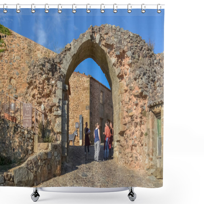 Personality  View At Fortress Gate On Medieval Village Of Figueira De Castelo Rodrigo And Medieval Buildings Shower Curtains