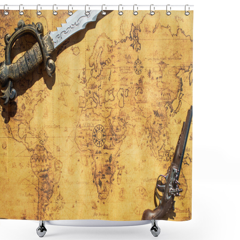 Personality  Old Treasure Map With Sword And Musket Gun. Shower Curtains