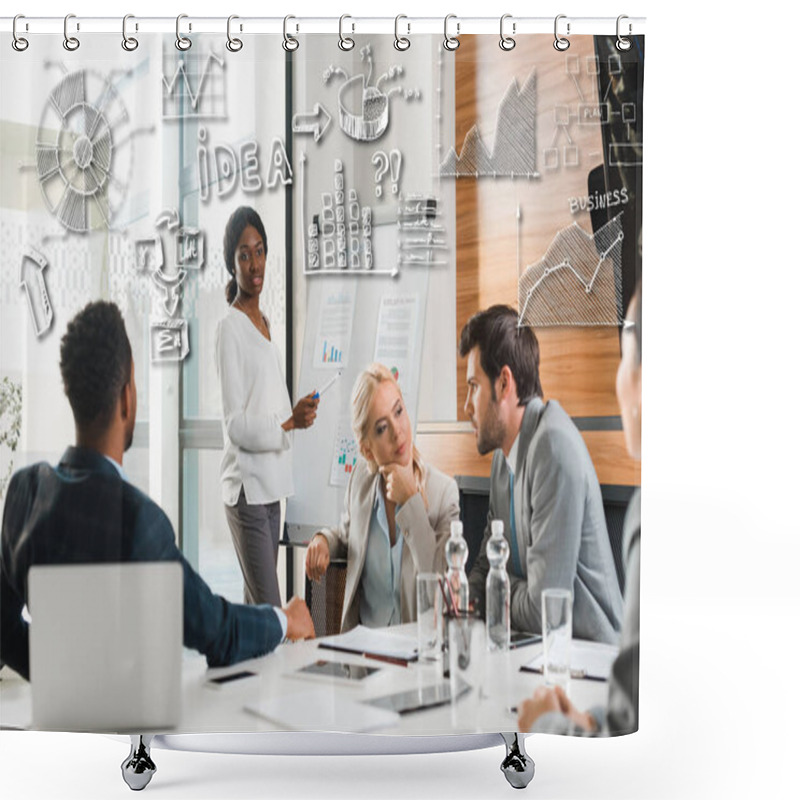 Personality  Attractive African American Businesswoman Standing Near Flipchart With Infographics While Multicultural Colleagues Sitting At Desk, Business Illustration Shower Curtains