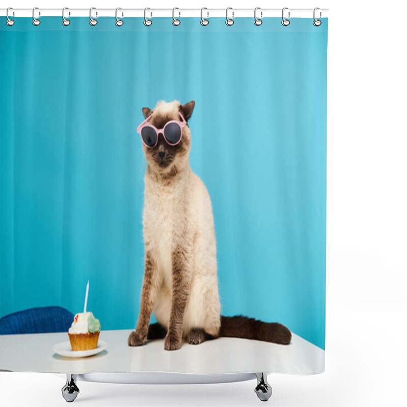 Personality  A Cat In Sunglasses Sitting Next To A Cupcake In A Playful Studio Setting. Shower Curtains