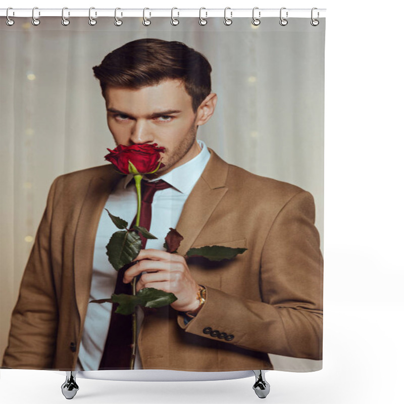 Personality  Handsome, Elegant Man Sniffing Red Rose While Standing In Restaurant And Looking At Camera Shower Curtains