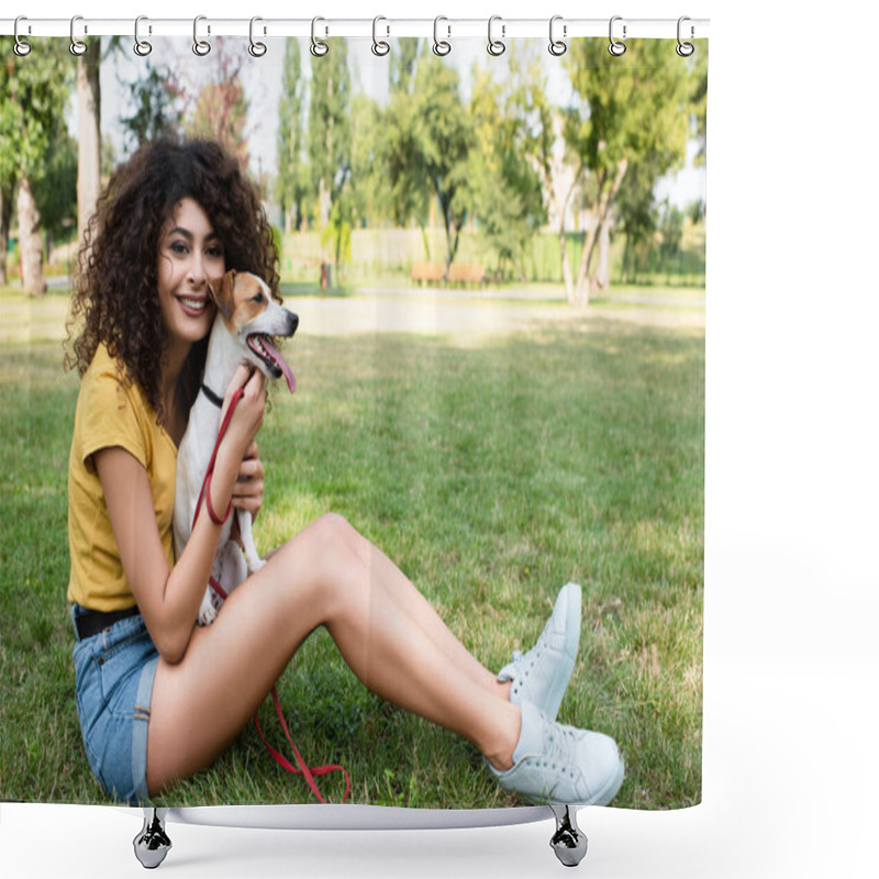 Personality  Selective Focus Of Young Woman Sitting On Grass With Dog And Looking At Camera Shower Curtains