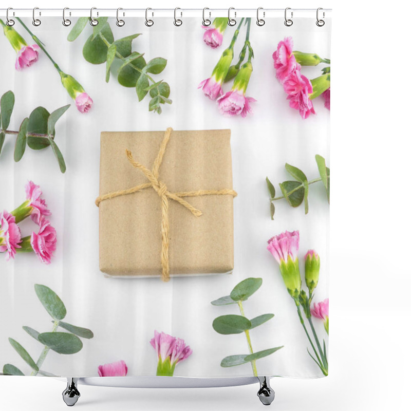 Personality  Brown Gift Boxes Decorated With Baby Eucalyptus Leaves And Pink Carnation Flowers Shower Curtains