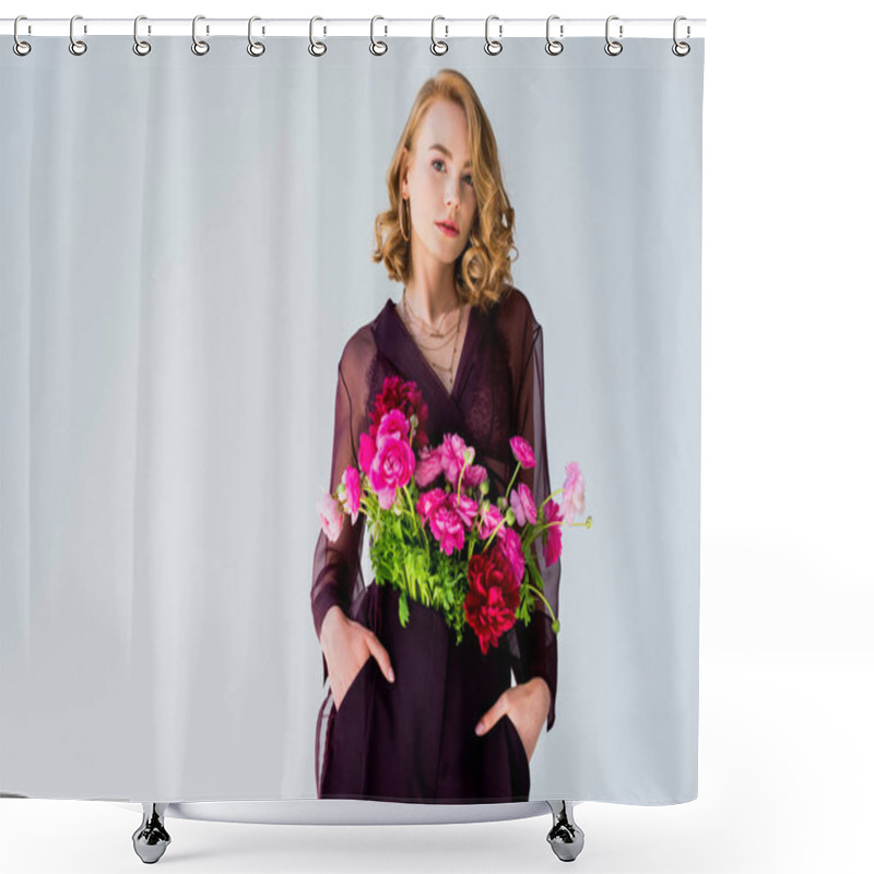 Personality  Beautiful Young Woman With Tender Pink Flowers Standing With Hands In Pockets And Looking At Camera Isolated On Grey Shower Curtains