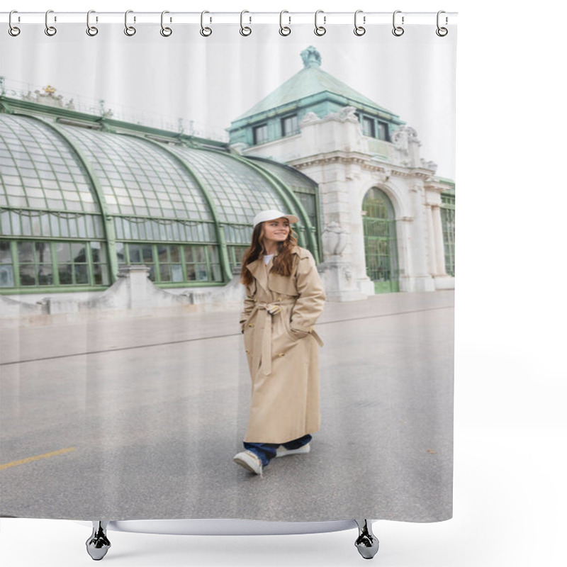 Personality  Happy Young Woman In Trench Coat And Baseball Cap Walking With Hands In Pockets On Rooftop Of European Building  Shower Curtains