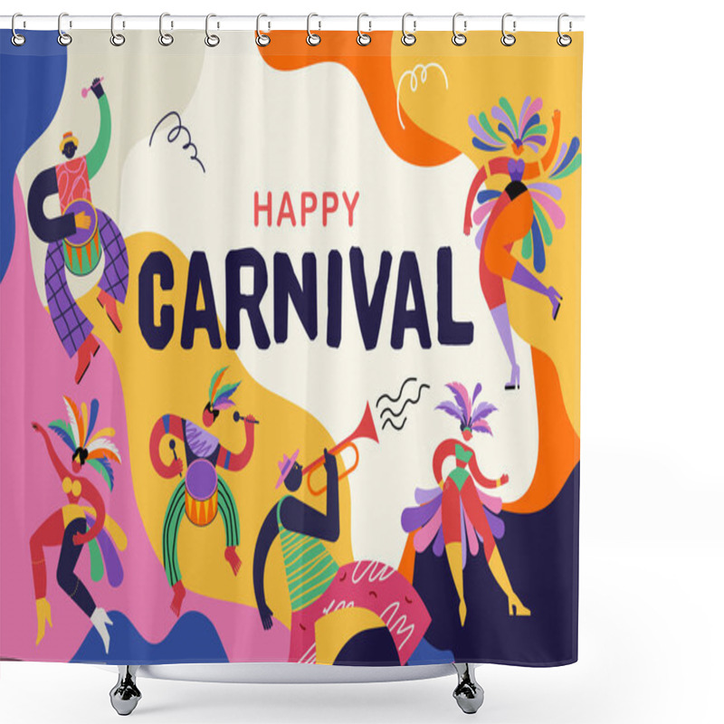 Personality  Happy Carnival, Brazil, South America Carnival With Samba Dancers And Musicians. Festival And Circus Event Design With Funny Artists, Dancers, Musicians And Clowns. Colorful Vector Background  Shower Curtains