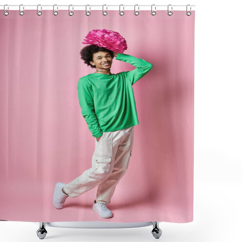 Personality  A Cheerful Young African American Man In A Green Shirt And White Pants, With A Pink Flower On His Head, Against A Pink Background. Shower Curtains