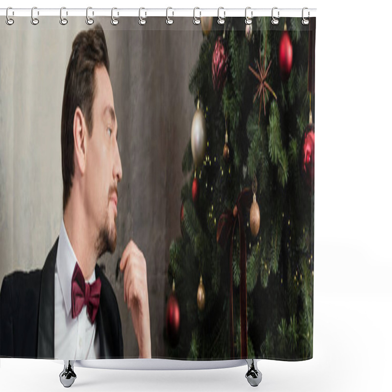 Personality  Well-dressed Gentleman With Beard Wearing Tuxedo With Bow Tie Looking At Christmas Tree, Banner Shower Curtains