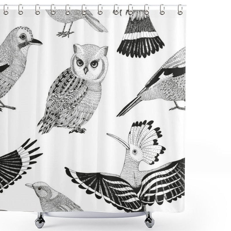 Personality  Vector Hand Drawn Seamless Pattern With Wild Birds Shower Curtains