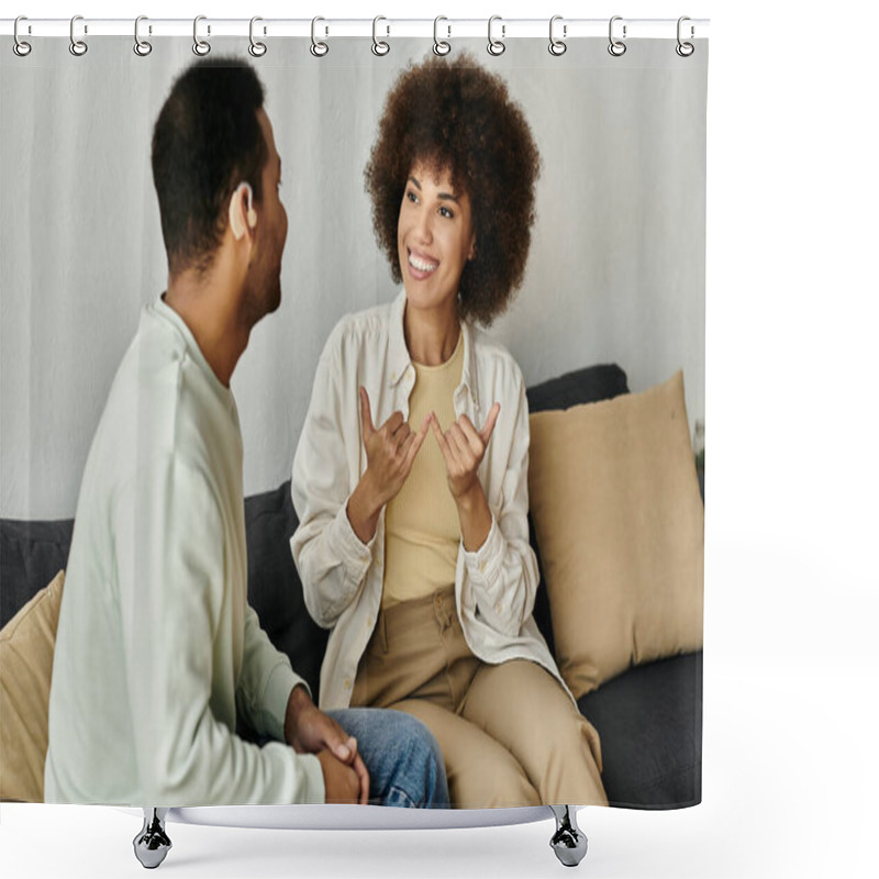 Personality  An African American Couple Communicates Using Sign Language While Sitting On A Couch. Shower Curtains