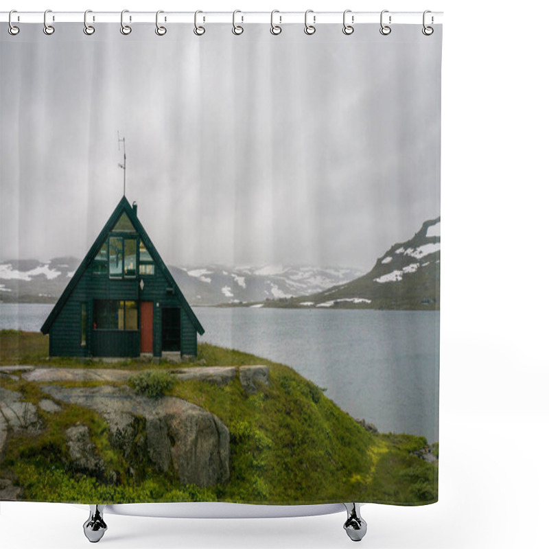 Personality  House On Meadow With Mountains And River Shower Curtains