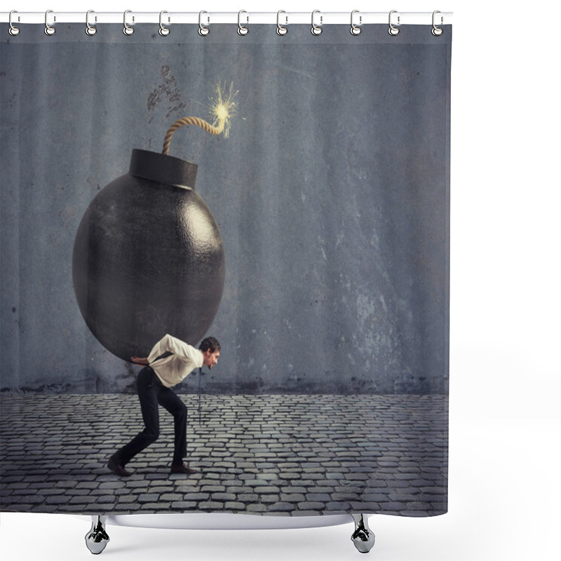 Personality  Businessman Hold A Bomb. Concept Of Difficult Career And Failure Shower Curtains