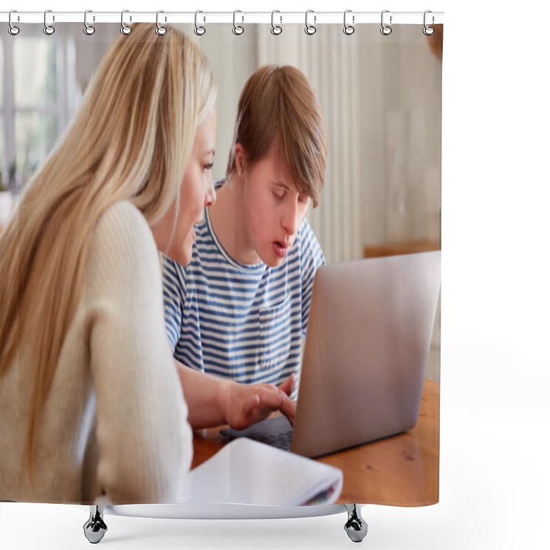 Personality  Downs Syndrome Man Sitting With Home Tutor Using Laptop For Lesson At Home Shower Curtains