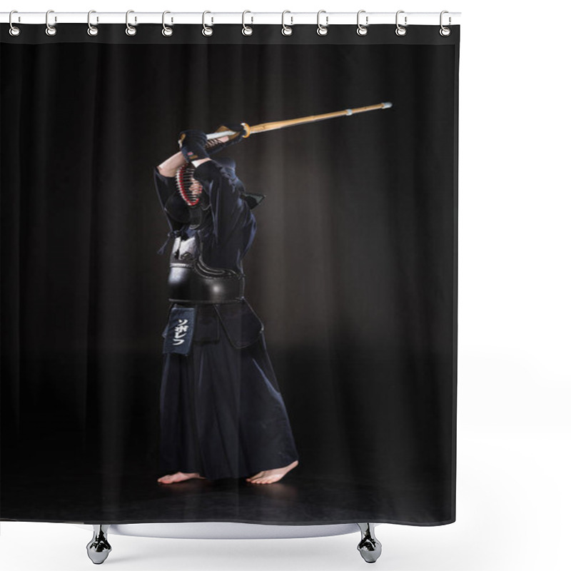 Personality  Full Length View Of Kendo Fighter Practicing With Bamboo Sword On Black Shower Curtains