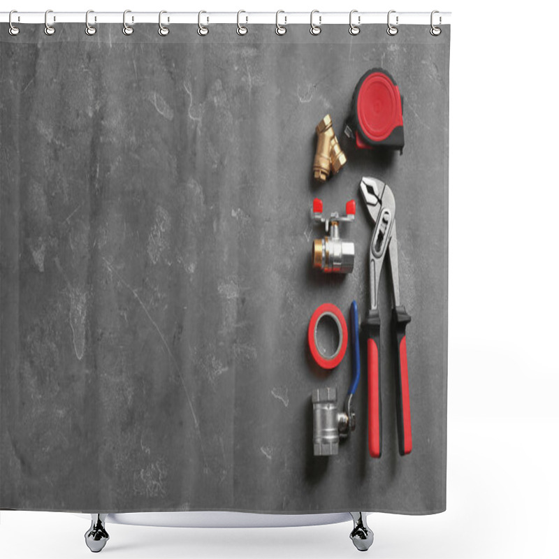 Personality  Flat Lay Composition With Plumber's Tools And Space For Text On Gray Background Shower Curtains