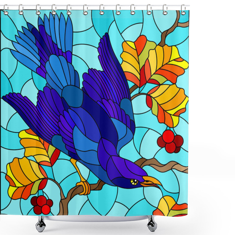 Personality  Illustration In The Style Of Stained Glass With A Beautiful Bright Blue Bird  On A  Background Of Autumn Branch Of Tree And Sky Shower Curtains