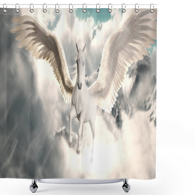 Personality  Flight Of The Pegasus. Majestic Pegasus Horse Flying High Above The Clouds And Snow Peaked Mountains. 3d Rendering Shower Curtains