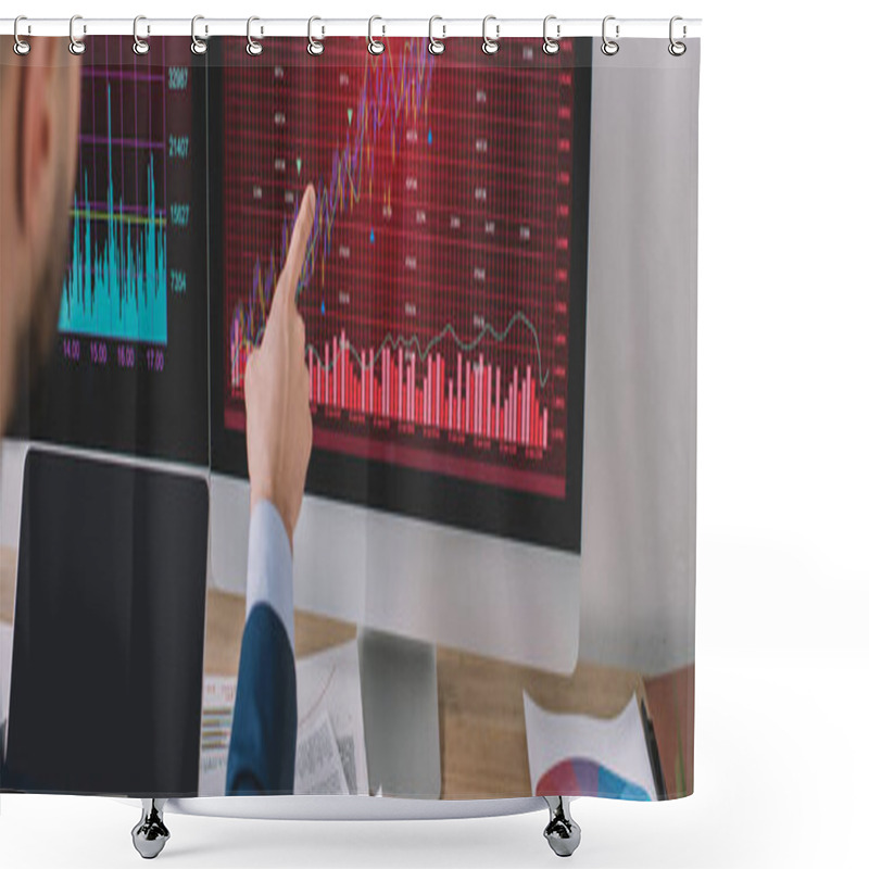 Personality  Cropped View Of Data Analyst Pointing On Charts On Computer Monitor Near Laptop With Blank Screen On Table, Panoramic Shot  Shower Curtains