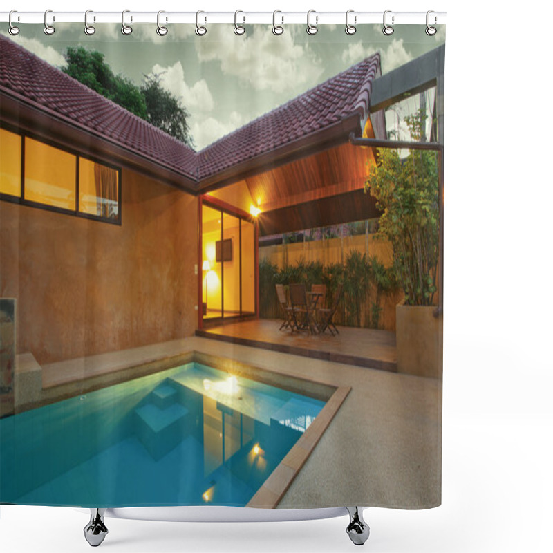 Personality  Panoramic View Of Nice Summer House Patio With Swimming Pool Shower Curtains