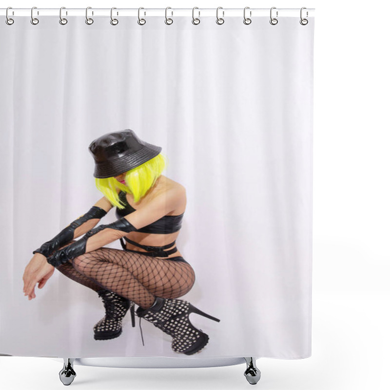 Personality  Fashion Futuristic Sexy Model In White Studio. Cyberpunk Party Style. Clubbing, Streaming, Halloween Concept Shower Curtains