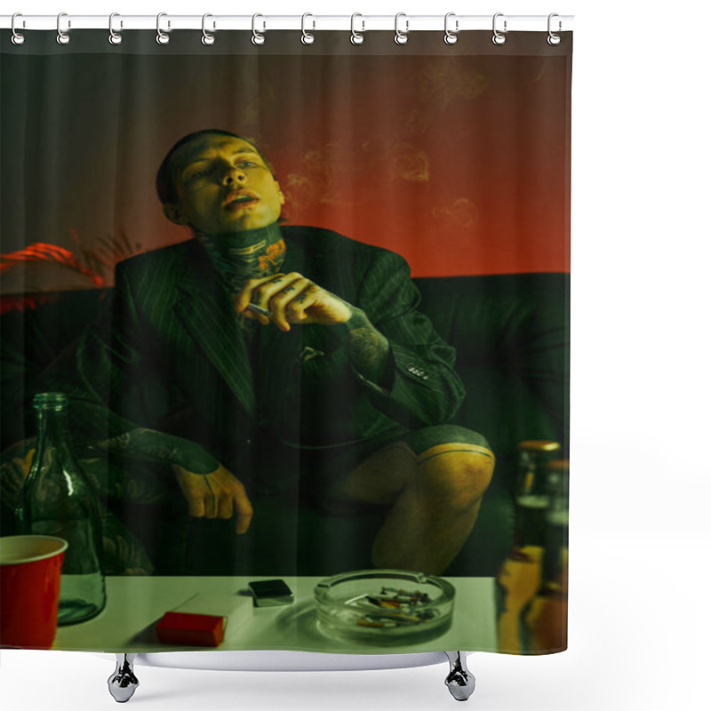 Personality  A Man Sits On A Couch In A Dimly Lit Room Shower Curtains