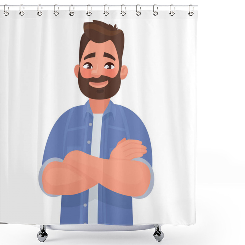 Personality  Bearded Smiling Man With Arms Crossed. Vector Illustration Shower Curtains