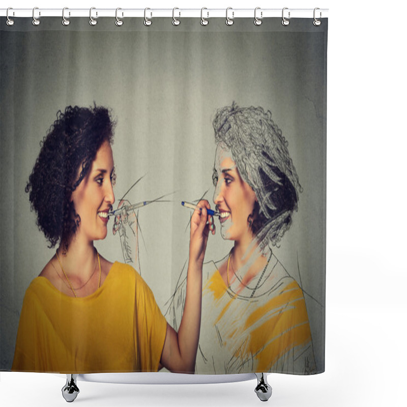 Personality  Attractive Young Woman Drawing A Picture Portrait Sketch Of Herself  Shower Curtains