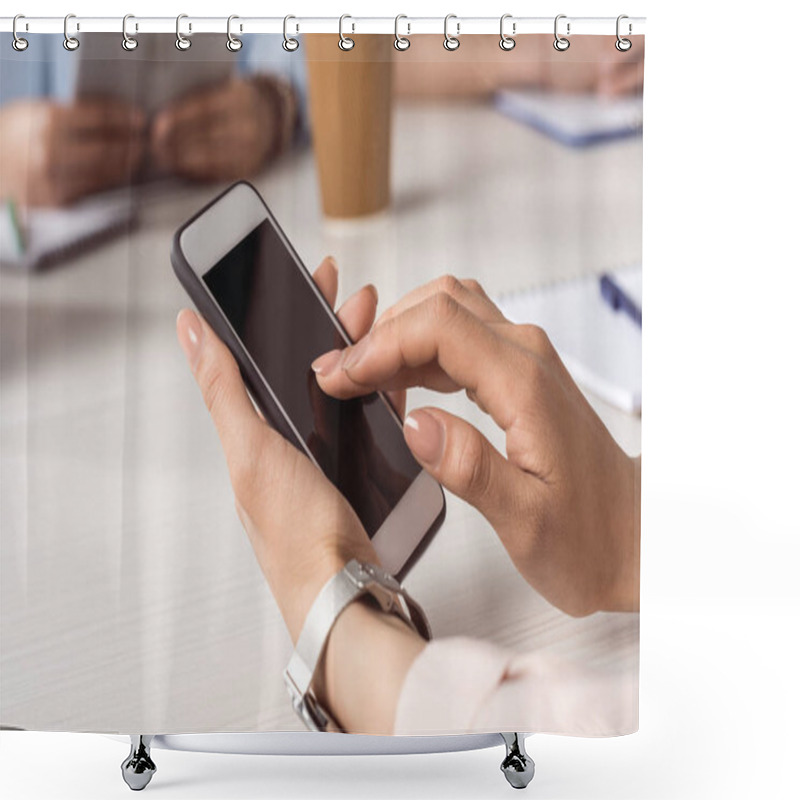 Personality  Woman Using Smartphone With Blank Screen Shower Curtains