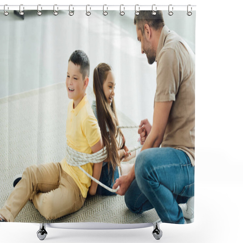 Personality  Father Tying Smiling Children With Rope At Home Shower Curtains