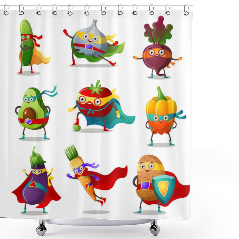 Personality  Set Of Vegetables In Traditional Costumes Of Superhero Vector Illustration Shower Curtains