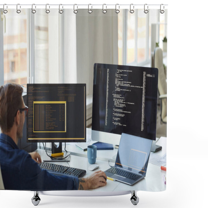 Personality  Back View Portrait Of Male Programmer Writing Code At Computer Screen In IT Developers Office , Copy Space Shower Curtains