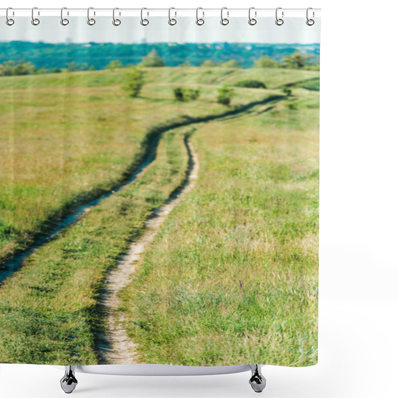 Personality  Scenic View Of Rural Landscape With Path Through Grassy Meadow  Shower Curtains