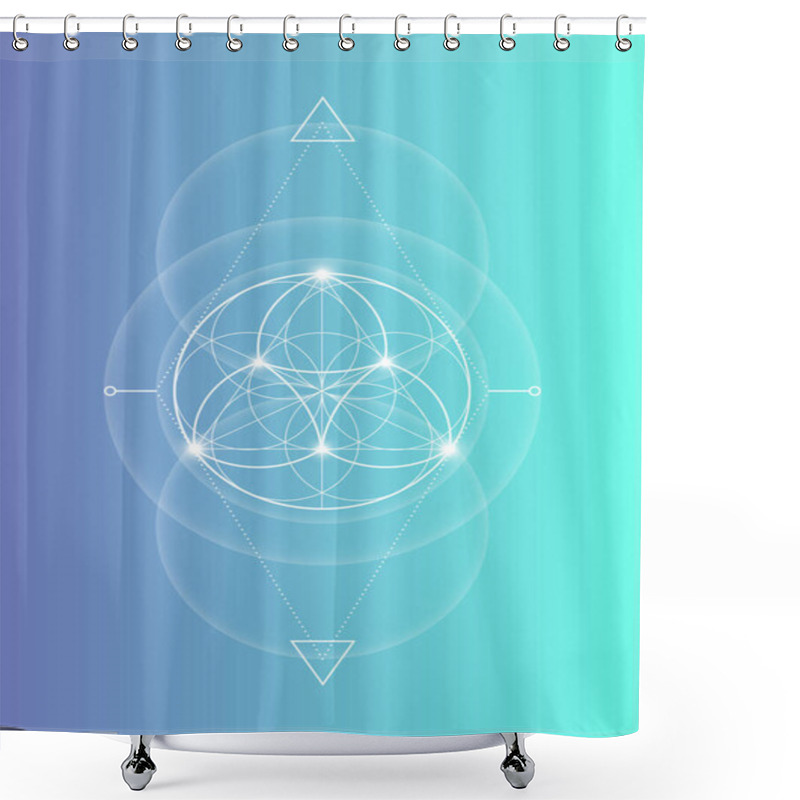 Personality  Sacred Geometry, Flower Of Life, Lotus Flower Mandala. White Logo Symbol Of Harmony And Balance, Glowing Geometrical Ornament, Yoga Relax, Vector Isolated On Blue Gradient Background  Shower Curtains