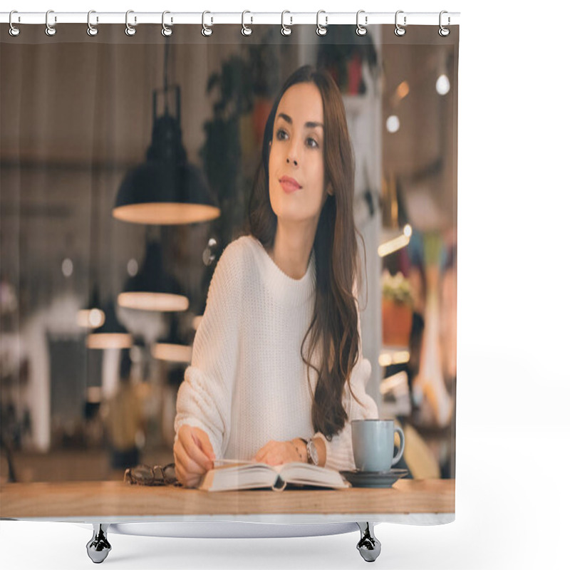 Personality  Attractive Woman Reading Book At Table With Coffee Cup In Cafe Shower Curtains