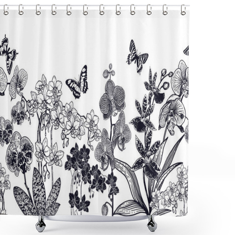 Personality  Black And White Floral Seamless Pattern. Exotic Tropical Flowers Orchids And Butterflies. Vector Illustration. Vintage. Flower Background For Fabrics, Paper, Wallpaper, Textile And Other. Shower Curtains