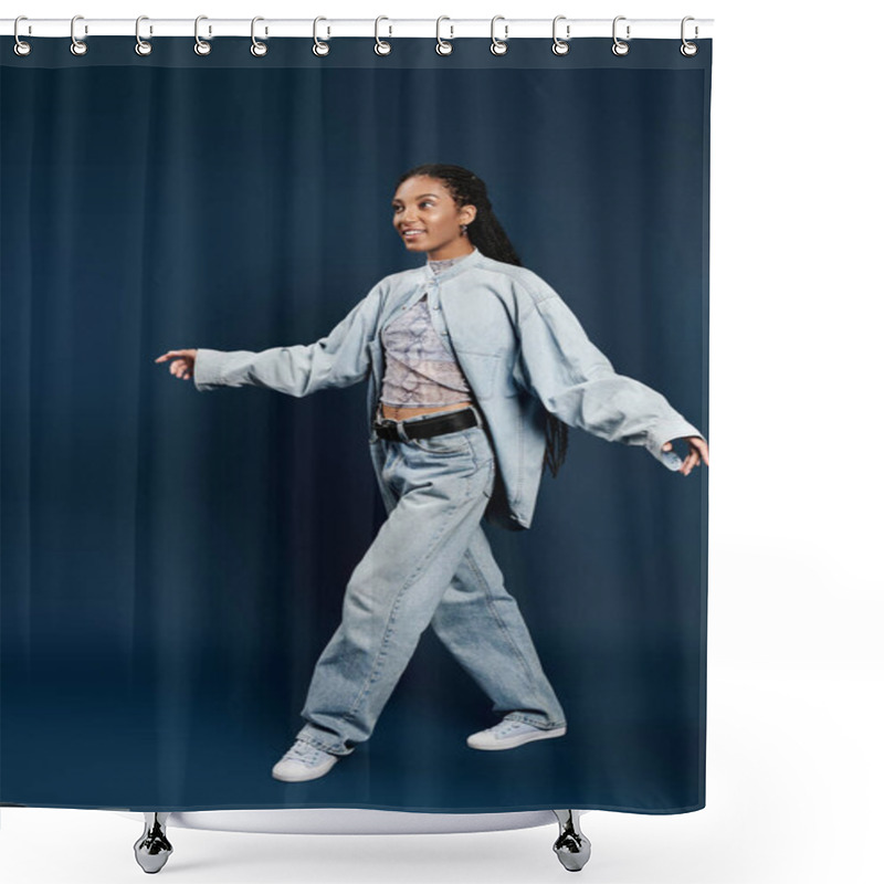 Personality  A Young Woman Showcases Her Fashion Flair While Walking Gracefully, Exuding Confidence And Style. Shower Curtains