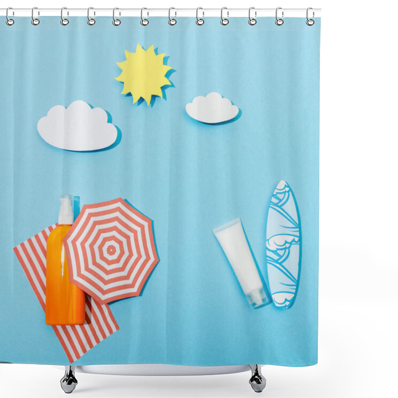 Personality  Top View Of Paper Cut Beach With Bottle And Tube Of Sunscreen On Blue Background Shower Curtains