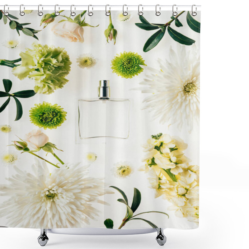 Personality  Top View Of Glass Bottle Of Perfume Surrounded With Flowers And Green Branches Isolated On White Shower Curtains