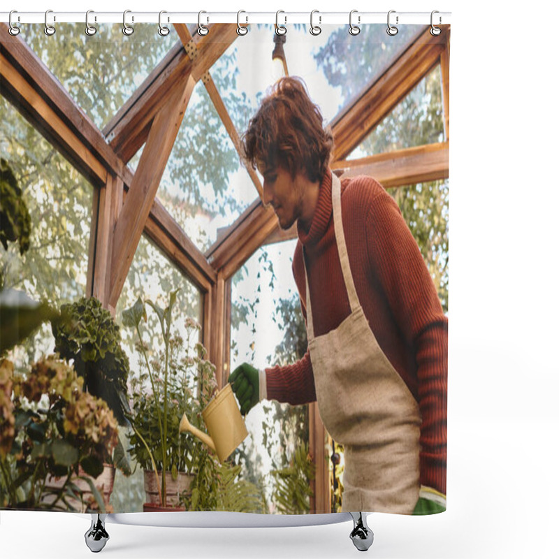 Personality  In A Peaceful Greenhouse Filled With Lush Greenery, A Young And Handsome Man Lovingly Waters Potted Plants. Sunlight Filters Through The Glass, Creating A Tranquil Atmosphere. Shower Curtains