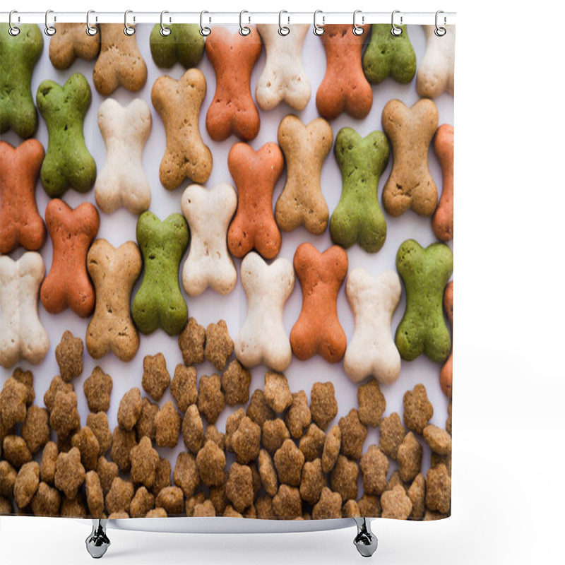 Personality  Flat Lay Of Bone Shaped Cookies Near Dry Pet Food As Background  Shower Curtains