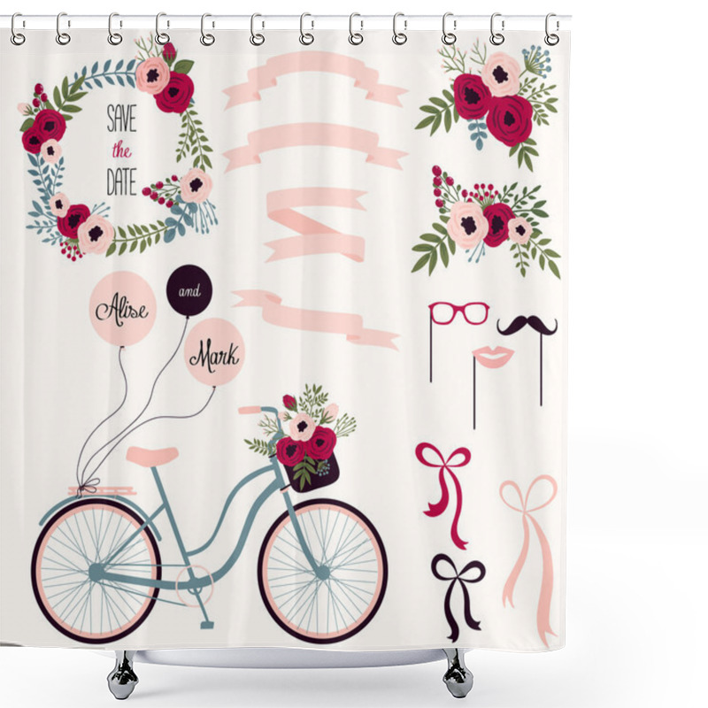 Personality  Wedding Set With Flowers, Ribbons And Bicycle Shower Curtains