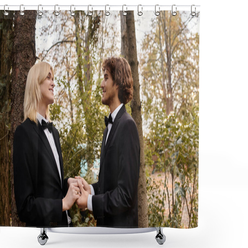 Personality  Two Young Men Dressed Elegantly Are Holding Hands And Gazing Into Each Others Eyes In A Tranquil Garden. Shower Curtains