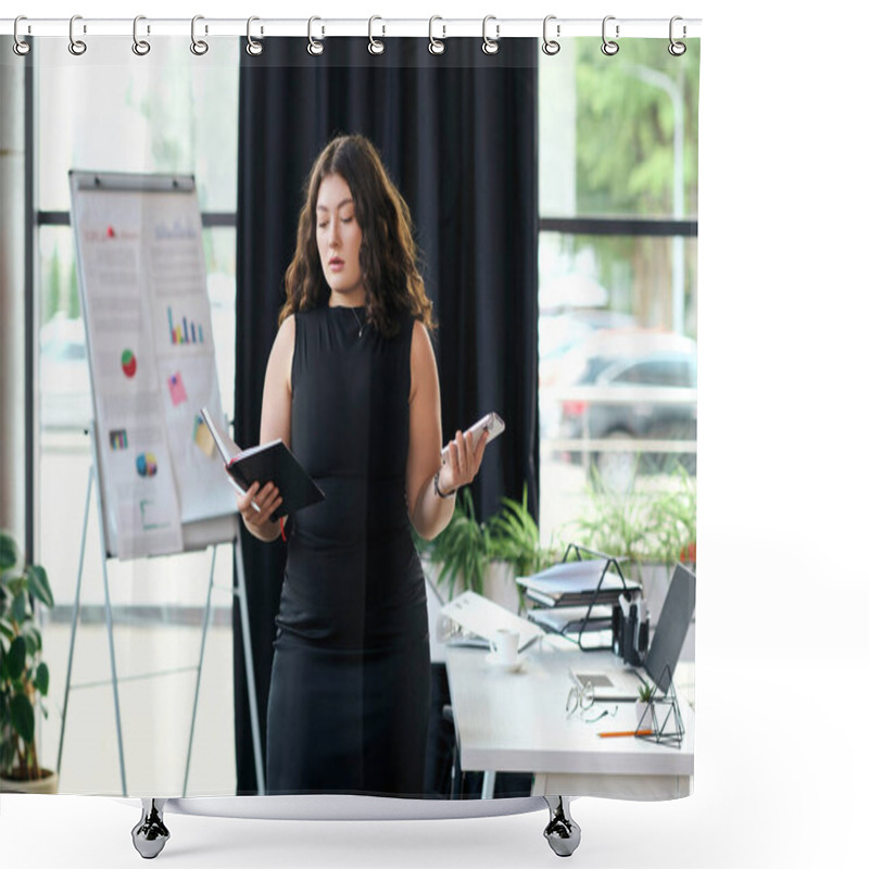 Personality  A Young Businesswoman With Long Curly Hair Presents Data In An Inviting Corporate Office, Showcasing Her Expertise. Shower Curtains